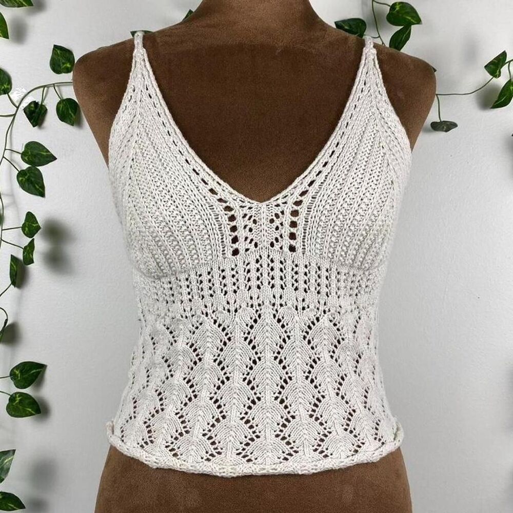 Cream knit crochet cami spaghetti strap geometric patterns boho fairy cottage